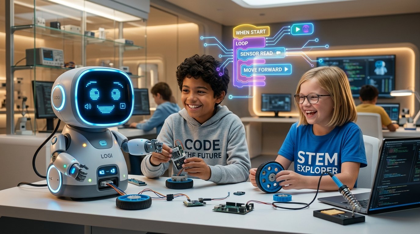 Enthusiastic kids building and programming an AI robot in a futuristic STEM laboratory