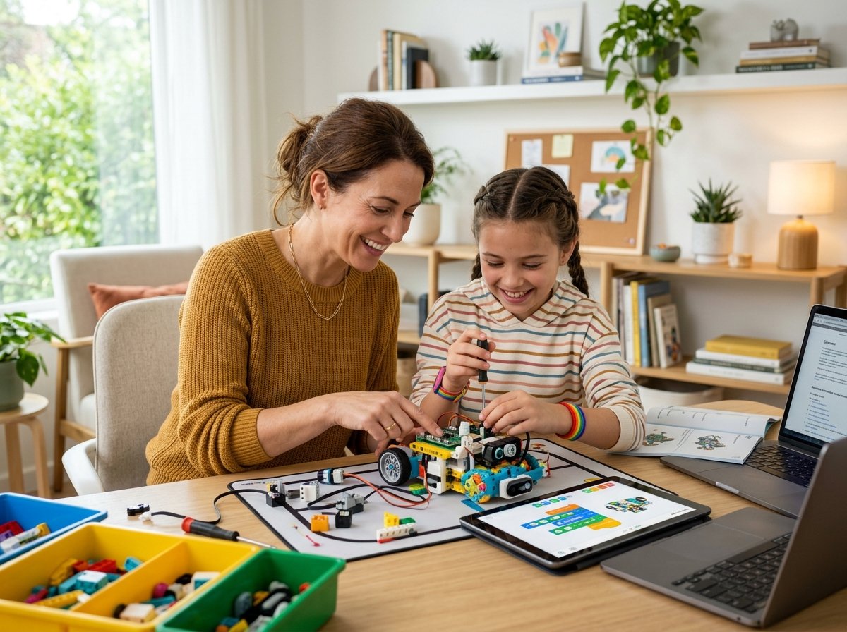 Mother and daughter happily collaborating on a StemSpace modular educational robot at home